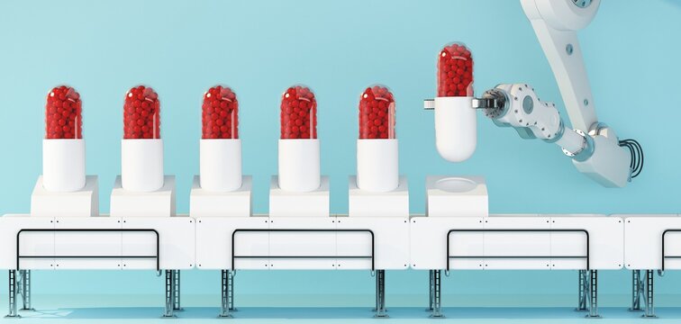 robotic arm puts pill on the conveyor