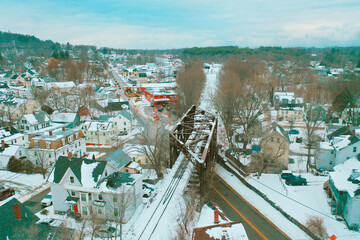 Aerial Drone Photography Of Downtown Dover, NH (New Hampshire) Skyline During The Winter Snow Season