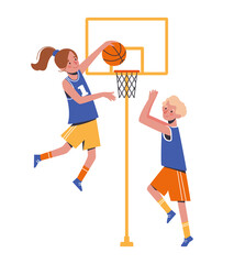 Childrens sports basketball. Flat design concept with funny kids playing ball. Vector illustration of boys and girls, set isolated on white background.