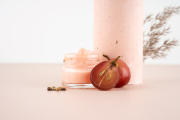 Concept organic extract nature grape seeds oil in cream for skin care in home. Creative still life...