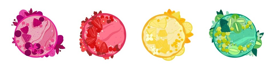 Set of vector illustrations of isolated smoothies bowls. Tasty and healthy breakfast. Fruits, berries, seeds and nuts. Useful organic food for vegan and vegetarian. 