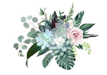 Blush pink rose, blue echeveria succulent, dusty flowers, eucalyptus, calathea