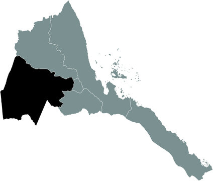Black highlighted location map of the Eritrean Gash-Barka region inside gray map of the State of Eritrea