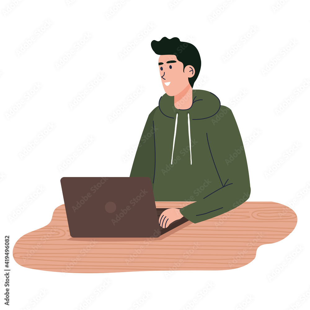 Poster man working with laptop character