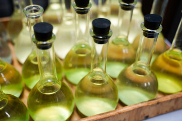 closeup of glass beakers in a laboratory