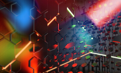 red green neon lights abstract creative hexagonal background 3d-illustration