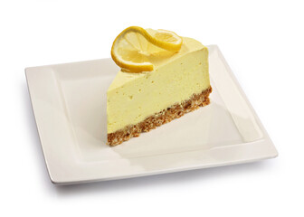 Piece of lemon cheese cake on a white plate