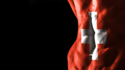Switzerland flag on abs muscles, national sport workout, bodybuilding concept