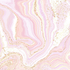 Abstract dusty pink liquid marbled watercolor background with golden crackers. Pastel marble alcohol ink drawing effect. Vector illustration design template for wedding invitation