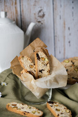 Biscotti or Cantuccini cookies set on white cafe table background.