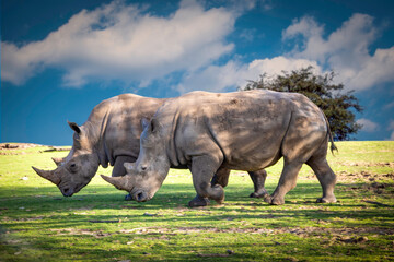 Rhino couple strolling in the African savannahs, March 2021