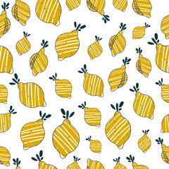 pattern Three bright yellow lemons. One lemon is sliced. Outline drawing. Textures. Vector illustration on white background. For print and web design