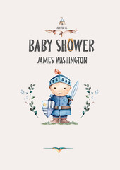 The brave knight with shield and sword in blue armor. Baby Shower greeting card. Vintage Hand drawn watercolor cartoon isolated illustration on white background