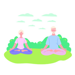 Active old men do yoga in the park, sit in the lotus position. White background, vector flat illustration