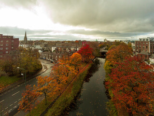 Aerial view of the Grand Canal in Dublin in Autumn, Drone photography