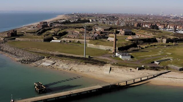 Aerial Footage of Fort Cumberland in Southsea the pentagonal artillery fortification erected to guard the entrance to Langstone Harbour and protect the Royal Navy Dockyards in Portsmouth.