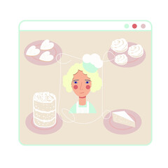 Food blogging. Recipes. Home cooking online.Woman chef teaches cooking torus, cookies, sweets.  Modern flat cartoon style. Online education, distance learning, webinars. Vector illustration