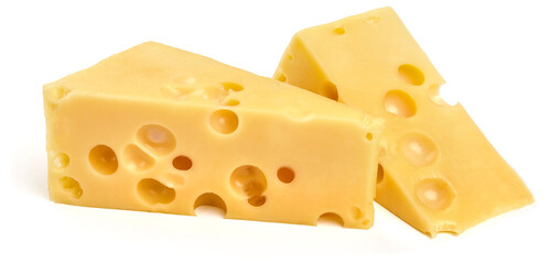 Emmental cheese, Swiss cheese, isolated on white background. High resolution image.