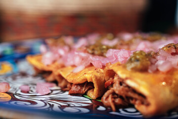 Naklejka na ściany i meble Cochinita pibil tacos in traditional Mexican dishes
