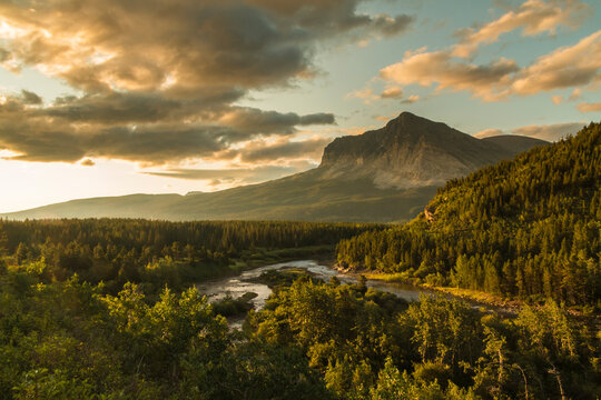 dramatic sky over Wynn Mt and Swift Current creek in Glacier National Park in Montana.