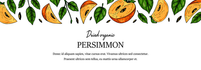 Hand drawn colorful persimmon horizontal design. Vector illustration in colored sketch style.