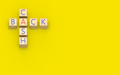 The CASH BACK inscription is laid out of wooden cubes with a crossword puzzle. Yellow background. 3D illustration