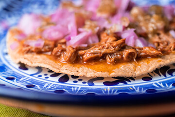 closeup of tostada, typical dish of Mexico, of cochinita pibil