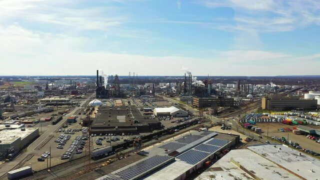 Aerial Dolly Shot View Of The Phillips 66 Refinery In Elizabeth, NJ