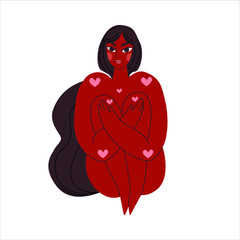 A young Indian girl hugs her knees. Happiness to be yourself. Love yourself. Body positive. Feminine power. Taking care of yourself. Vector flat illustration.Valentine's day card. 