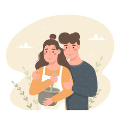 A young girl and a guy are cooking together, they are cooking together. Cozy mood, homemade cakes. Vector illustration.