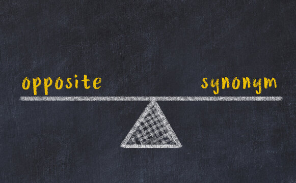 Chalk drawing of scales with words opposite and synonym. Concept of balance