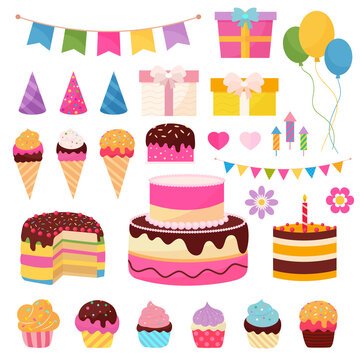 Happy birthday elements with colorful presents, flags, balloons and sweets symbols, flat vector illustration