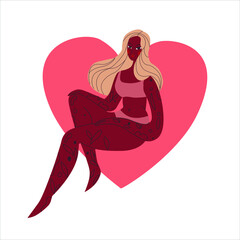Young African American blonde girl sitting and stroking her hair. Scars, stretch marks. To love yourself as he is. Happiness to be yourself. Love yourself. Body positive. Feminine power. Vector flat