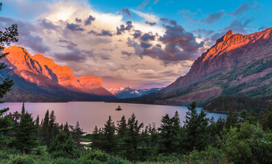 peaceful sunrise in St.Mary's Lake and Wild Goose Island in Glacier National Park in Montana.