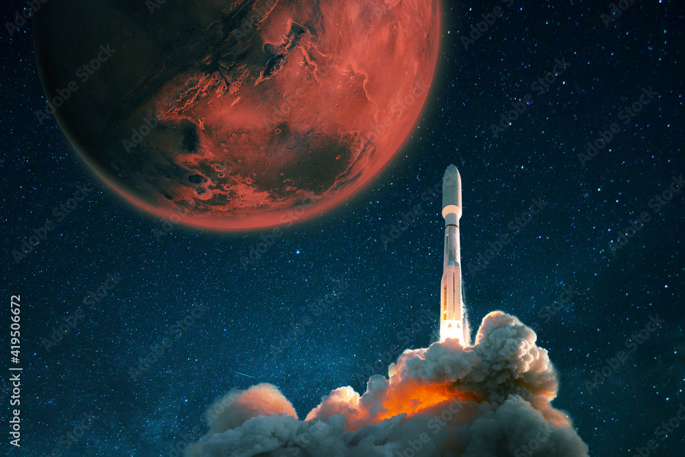 Poster space rocket shuttle takes off into the starry sky to mars. exploration and settling of the red plan