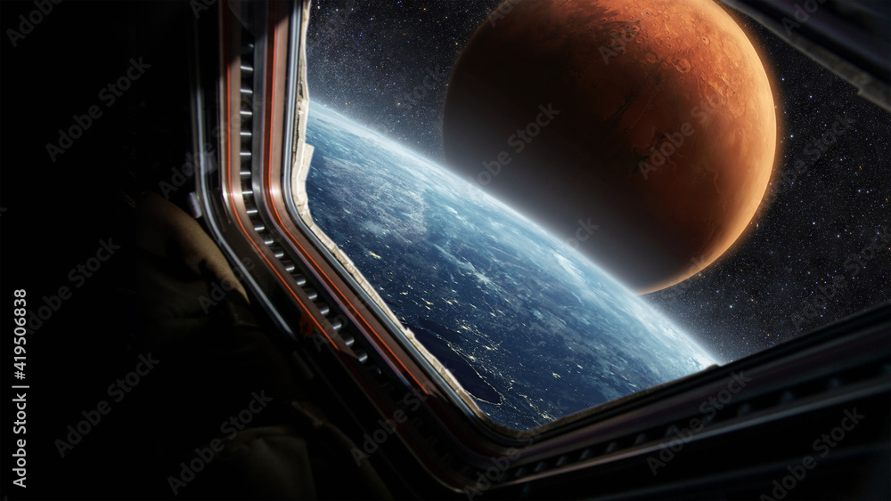Poster Amazing Blue Planet Earth with red plain Mars in the starry sky, a view from the window of the spacecraft. astronaut flies in a spaceship and looks at the planets in outer space. Space journey concept