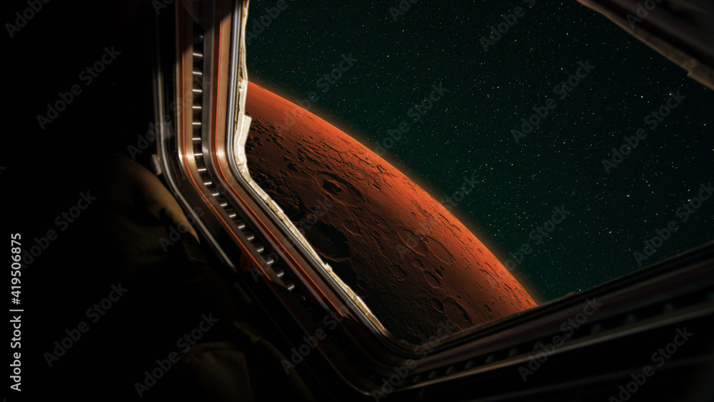 Poster View from the window of a spaceship mission to the red planet Mars. Spacecraft flies to Mars, concept. Travel and exploration of the red planet