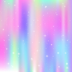 Unicorn background with rainbow mesh. Colorful universe banner in princess colors. Fantasy gradient backdrop with hologram.