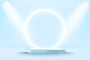 Realistic pastel blue 3d display podium mockup with neon circle. Minimal scene with cylinder platform and spotlights for product show. Vector illustration of modern pedestal stage for award ceremony