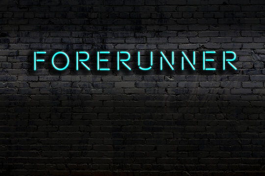 Neon sign. Word forerunner against brick wall. Night view