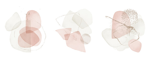 Arrangements set. Blush, pink, white, ivory, beige, gold watercolor illustrations, on white background. Abstract modern print set. Logo. Wall art. Poster. Business card.