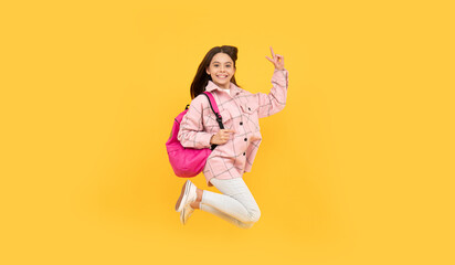 Fototapeta na wymiar happy child girl wear pink checkered shirt jumping school backpack, full of energy