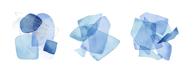 Arrangements set. Blue shards ice, navy, white, ivory, beige, gold watercolor illustrations, on white background. Abstract modern print set. Logo. Wall art. Poster. Business card.