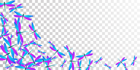 Magic blue purple dragonfly cartoon vector background. Spring little insects. Detailed dragonfly cartoon kids illustration. Gentle wings damselflies patten. Garden beings