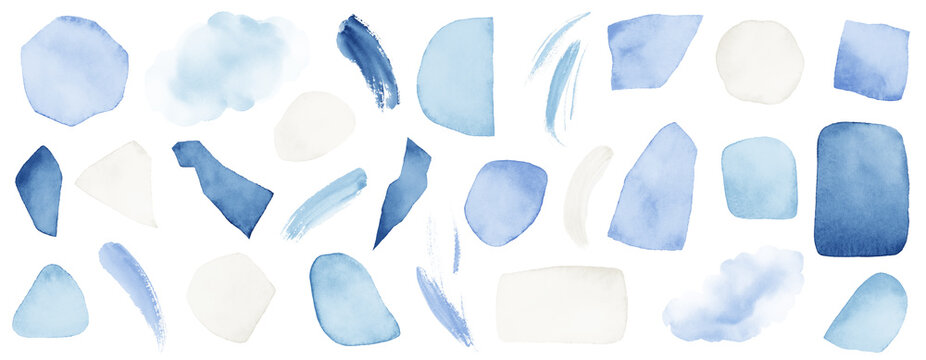 Fototapeta Abstract isolated elements. Blue, navy, white watercolor illustration, on white background. Abstract modern print set. Logo. Wall art. Poster. Business card.