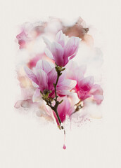 Fototapeta na wymiar Pink Spring Magnolia Blooms with Watercolor Abstract Effect