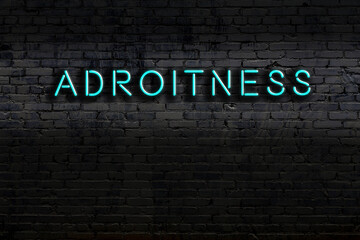 Neon sign. Word adroitness against brick wall. Night view