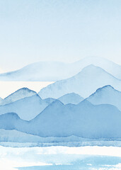 Abstrakte Arrangements. Landschaften, Berge, Landschaft, Aussicht. Plakate. Blaue, marineblaue, elfenbeinfarbene, beige Aquarellillustration und goldene Elemente. Modernes Druckset. Wandkunst. Visitenkarte. Druckbar. © Veris Studio