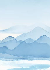 Abstrakte Arrangements. Landschaften, Berge, Landschaft, Aussicht. Plakate. Blaue, marineblaue, elfenbeinfarbene, beige Aquarellillustration und goldene Elemente. Modernes Druckset. Wandkunst. Visitenkarte. Druckbar. © Veris Studio
