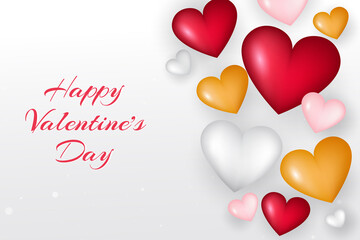 Realistic valentine's day background. Valentines Day banner with realistic pink heart shapes, glitter and confetti